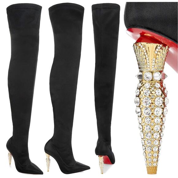 Christian Louboutin Black Lipstrass Botta Alta Satin Thigh Boots 100 - Picture 3 of 16